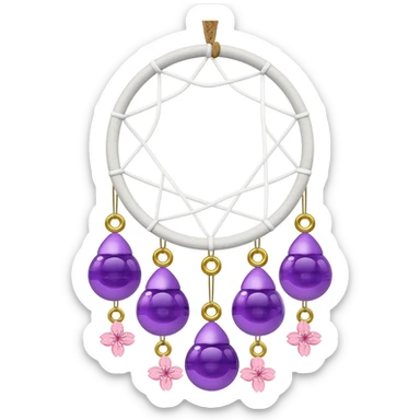 A white-wooden-circle-framed Dreamcatcher. with purple-round-orbs, gold-rings hanging down. purple flowers, pink sakura flowers, sticker