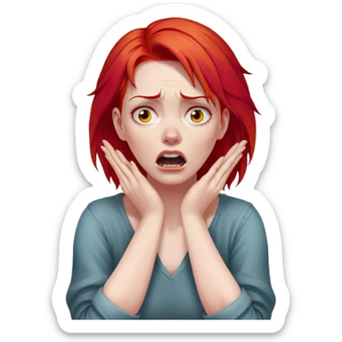 of a white woman with bright red hair, visibly distressed and clutching her neck with both hands, her face conveying a strong sense of panic and fear sticker