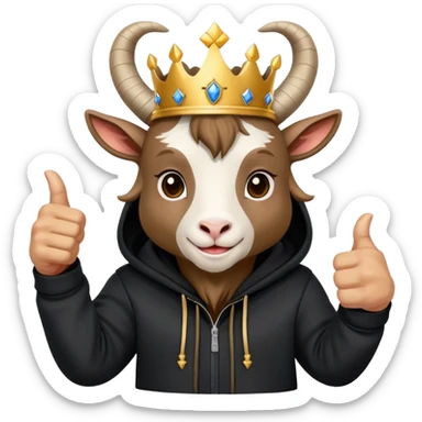 Goat with horns wearing black hoodie and a royal crown thumbup sticker