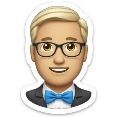 white jehovahs witness with very short hair wearing a blue bow tie sticker