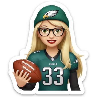 full length women wearing eagles uniform, long straight blonde hair, bangs, green eyes, black rectangle glasses, holding football, number 33, smiling, lipstick, eagles beanie sticker