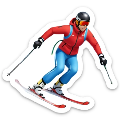 An icon featuring snowy peaks, pine trees, and a picturesque mountain landscape with a skier racing down a snow-covered slope, The sky is blue with soft clouds, capturing the thrill and beauty of alpine skiing. Transparent background highlights the excitement and serenity of winter sports. sticker