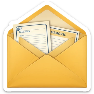 A simple emoji-style icon of a yellow manila envelope with subtle paper texture, clean edges, and a small graduation 2017 group-photo icon on the front, representing class memories and archived academic records. sticker