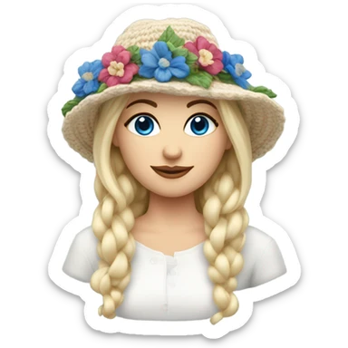beautiful finnish blonde woman with blue eyes knitting floral hat sticker
