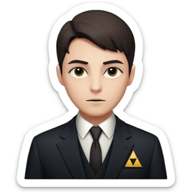 shadowy elite character in a suit with a mysterious expression, subtle Illuminati triangle symbol, secrecy theme sticker