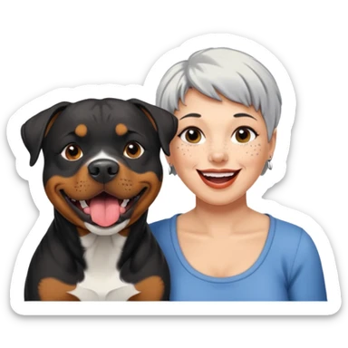 Pitt bull rottweiler white muzzle with black spots tongue out next to one older woman with short silver hair sticker
