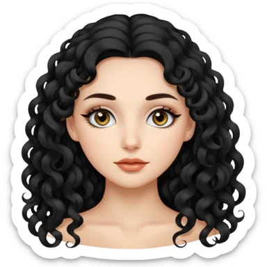 persona mujer con piel clara y rizos suaves color negro y largos  y sin volumen y con delineador en los ojos sticker