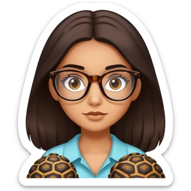 a slight tan girl with long,silky, SHINY dark brown hair, dark brown eyes and brows long thick lashes and glasses with a colour of tortoise shell sticker