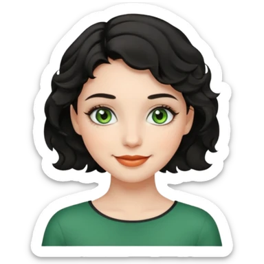 a girl with green eyes, short black wavy hair, natural clean girl makeup sticker