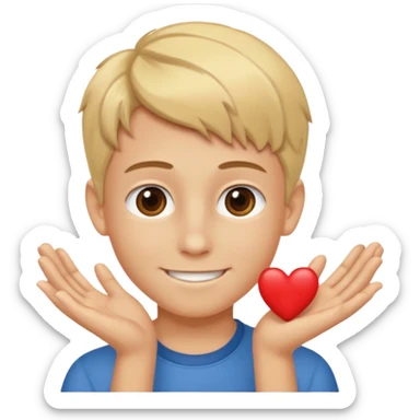 Un garçon blond aux yeux marrons de 13 ans qui tient avec ses mains un L avec des cœurs autour de son visage sticker