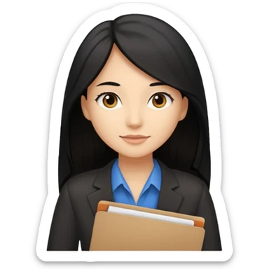 a light tan woman with long black hair past mid-back, round brown eyes and manila folder in her hands sticker