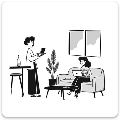 escenary 3d of a cozy mid-century living room with two people working on laptops, one man standing at a desk, and one woman sitting on a couch sticker