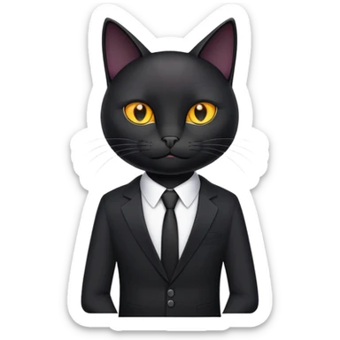 A black cat in a black business suit and the name PrimeCopy next to it sticker