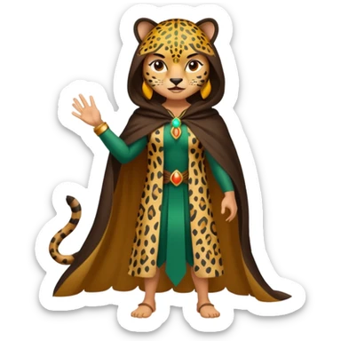 forest sticker character, latina woman dressed as jaguar spirit, spotted cloak, confident stance sticker