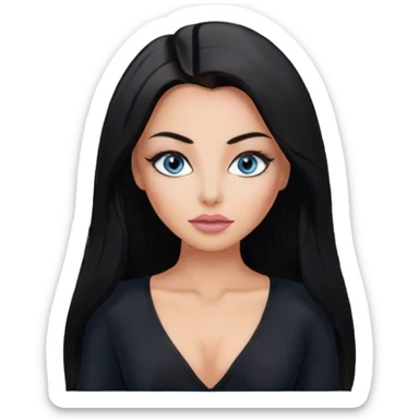 Glamours make-up, tanned, beautiful, girl, with blue eyes, big pump peach-beige-rose lips, eyeliner, long lashes, black straight smooth silky long hair, parting hair in the middle,  in black v-neck bodysuit long sleeves sticker