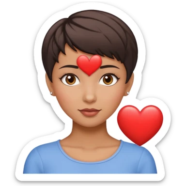 woman pixie cut dark brown hair, tan skin, brown oval eyes, heart shaped face sticker