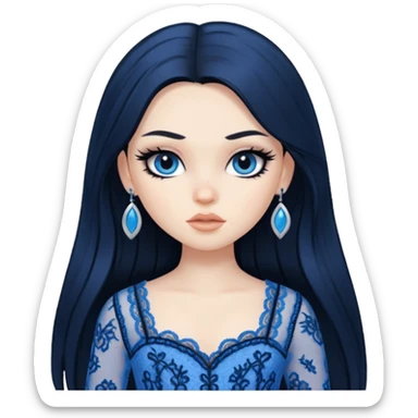 pretty, black long hair, pale skin, eyeliner, blue lace clothes, bratz baddie sticker