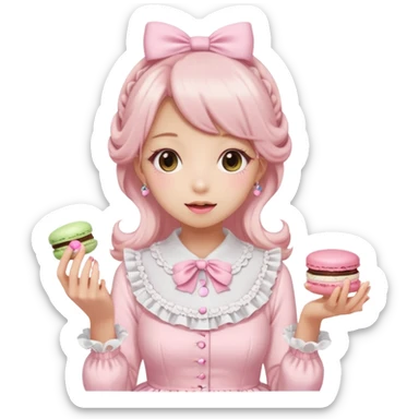 a girl in a light pink lolita hime gyaru dress holding a macaron, emoji style sticker