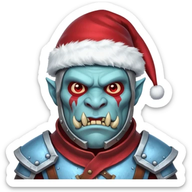 
Fantasy Christmas orc legion soldier icon, iron tundra army theme, heavy winter armor, disciplined brutal look, icy blue steel armor with deep crimson accents, frozen metal texture, cold winter atmosphere, male variant sticker