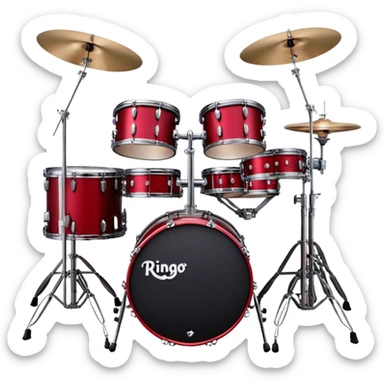 Create a bold and energetic emoji representing Ringo Starr's drum kit with two bass drums. The design should feature the iconic setup of two large bass drums positioned side by side, with snare drums, cymbals, and tom-toms arranged around them. The drums should have a sleek, professional look, with a vintage or classic finish that reflects Ringo Starr's famous style. Add subtle musical notes around the setup to symbolize rhythm and performance. Use colors like deep red, black, and chrome to emphasize the classic rock aesthetic of the kit. The background should be transparent. sticker