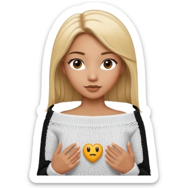 Mujer color de piel moreno claro, con cabello rubio largo, lacio y suelto, ojos negros viendo a la cámara, usando un suéter off shoulders blanco sticker