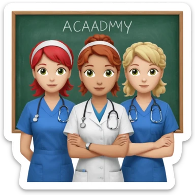 3 nurses: nurse 1 is wearing green work clothes, curly hair, middle european. nurse 2 is wearing blue work clothes, blond straight hair, scandinavic, nurse 3 is wearing white work clothes, red hair put into a bun, slavic. they all stand in a classroom, "Academy" written in white on board sticker