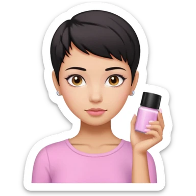 tan girl pink shirt with black hair & a pixie, cut no earrings, doing pastel colors skin care sticker