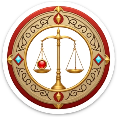 A circular casting sigil inspired by the Wizard101 Balance School, featuring ancient alchemical and arcane motifs. The base color is sand, with red trim accents. At the center is a golden balance scale as the primary focal symbol. sticker