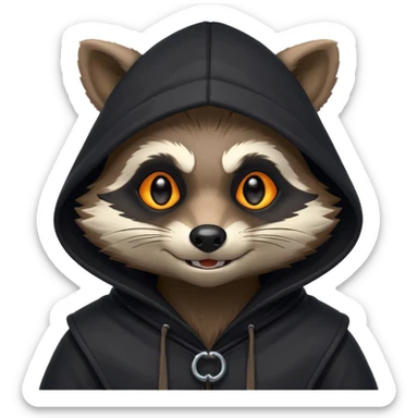 gothic thief raccoon portrait, head and shoulders only, dark hood, glowing eyes, mysterious sneaky grin, 3D cartoon, mobile game icon style, clean background, no text, no watermark
 sticker