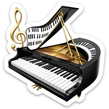 Create an elegant and festive emoji collage representing keyboard instruments, styled like a heraldic emblem. The design should feature a central focal point of black and white piano keys, arranged in a semi-circular or shield-like shape. Around the piano keys, add intertwining musical notes that form flowing ribbons, creating a dynamic and celebratory atmosphere. The design should be professional, with polished silver and gold accents on the keys and notes, highlighting the luxury and sophistication of the instruments. Add subtle shading and lighting effects to give the design a refined, 3D appearance. The background should remain transparent, and the overall feel should evoke grandeur, artistry, and a sense of celebration. sticker