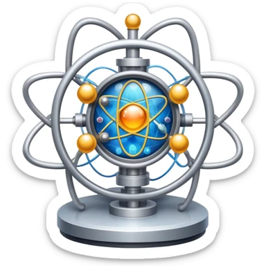 An icon featuring a large particle collider, atom symbols, and energy waves, symbolizing the field of physics. The design includes a lab setup with scientific equipment, representing experiments and fundamental forces of nature. Transparent background highlights the exploration of matter and energy. sticker