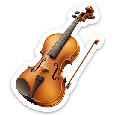 Create an elegant and detailed emoji representing a Stradivari violin. The design should showcase the finely crafted wooden body of the violin, with its smooth curves and rich, golden-brown wood finish. Highlight the intricate f-holes, fingerboard, and bridge. The bow should be placed next to the violin, with visible horsehair and a polished wooden stick. Use warm, deep wood tones for the body and subtle silver or gold accents for the fittings. Add a soft glow or light reflections to emphasize the exquisite craftsmanship and timeless beauty of the instrument. The background should be transparent. sticker