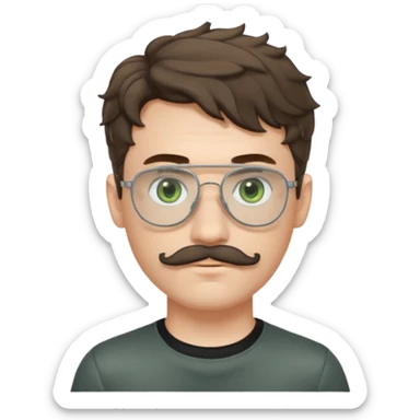 Light brunette wavy haired young man with pale skin and metal aviator glasses. Eyes are greenish grey and he has a moustache. Black t-shirt. sticker