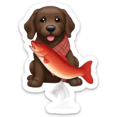 Chocolate brown colored doodle with a red and black flannel hankerchief holding a plush salmon fish chew toy sticker