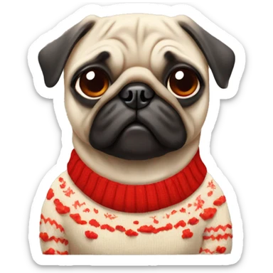 Pug dog wearing a sweater with red mushrooms sticker