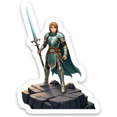 An icon representing an RPG, inspired by Elden Ring, featuring a lone warrior standing on a cliff overlooking a vast, mystical landscape. The design includes intricate armor, a glowing sword, and a majestic, otherworldly sky. Transparent background sticker