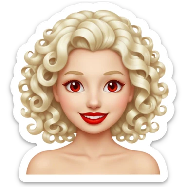 Cinematic Realistic Marilyn Monroe Emoji, featuring a glamorous, high-detail portrayal of the legendary Hollywood star. Her iconic platinum curls, radiant smile, and signature red lips are illuminated by dramatic, vintage-style lighting, evoking the timeless allure of classic cinema. sticker