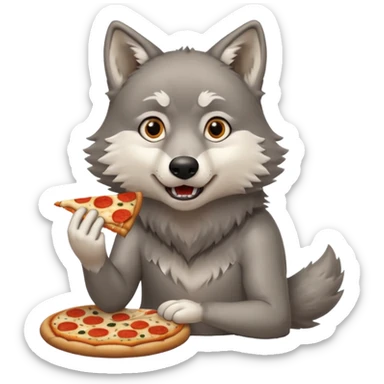 a sitting surprised grey wolf eating a piece of pizza emoji sticker
