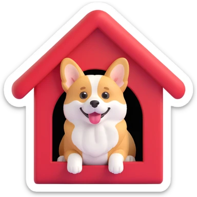 red dog house with a Corgi dog inside, clear view of the Corgi, semi-realistic but with emoji-like features, playful and cute sticker