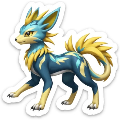 Feral Scaly Striking Slaying Badass Evil Handsome Lightning-patterned Zig-zagged buzzy fuzzy Meloetta-Renamon-Zeraora-Luxray-Cobalion-Suicune-Vernid-fusion-hybrid-creature, full body  sticker