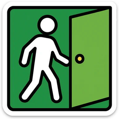 minimalistic icon of a white human figure walking through an open outlined door, viewed from the front, door with visible doorknob, solid green background, flat simple clean lines, high contrast sticker