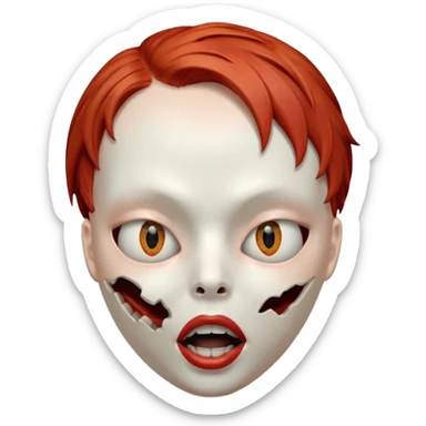 Empty mask resembling a head of a female with short red hair, hollow eye sockets and open mouth sticker