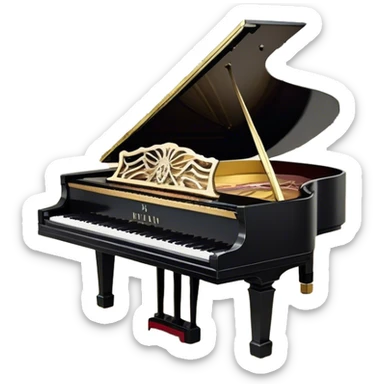 Create a sophisticated and celebratory emoji collage representing keyboard instruments, designed in the style of a coat of arms or crest. The design should feature a central, surrounded by a ribbon of musical notes. The ribbon should intertwine with a second ribbon made of black-and-white piano keys, creating a flowing, symmetrical pattern. Include delicate, elegant details such as the pedals of the grand piano, intricate woodwork, and the glossy, polished surface of the instrument. The musical notes should be swirling around the design in a harmonious, festive arrangement. Use gold, silver, and rich wood tones to evoke a sense of luxury and professionalism, with the black-and-white keys of the piano adding contrast. The background should remain transparent sticker