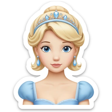 Cinderella from hips up, classic light blue ballgown, blonde hair with headband, minimal style but very recognizable sticker