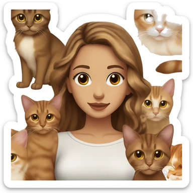 White girl brown eyes with long wavy brown hair with brown highlights balayage with abyssinian cat sticker
