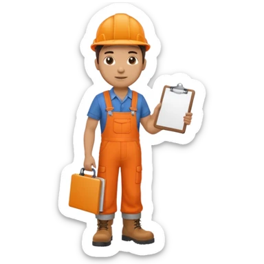 Male railway engineer orange overalls, boots holding a clipboard in one hand sticker
