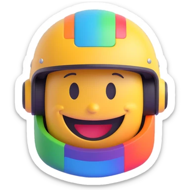 3D smiley emoji, round shape, motorcyclist with colorful helmet: rainbow-colored helmet, smiling face sticker