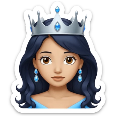 Por favor hazme el emoji de la princesa pero con piel canela con el pelo negro y ondulado y largo, los ojos marrones y la corona plateada con jollas azules sticker