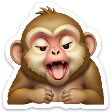 Cinematic Cute Yawning Macaque Portrait Emoji, Head tilted slightly with a dramatic, wide-open yawn, showcasing a gently textured face with half-closed, sleepy eyes and an open, relaxed mouth, Simplified yet irresistibly adorable features, highly detailed, glowing with a soft, cozy glow, high shine, relaxed yet expressive, stylized with a dash of whimsical charm, soft glowing outline, capturing the essence of a drowsy yet affectionate primate that appears ready to stretch out for a nap! sticker