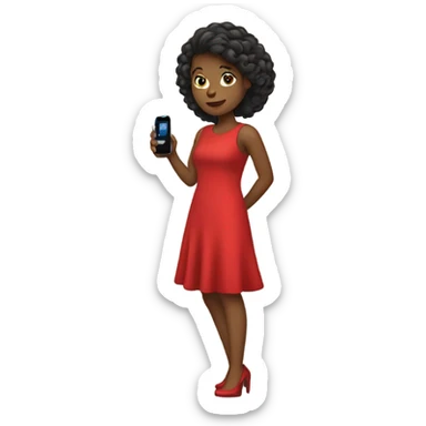 a girl in a red dress holding a cell phone sticker